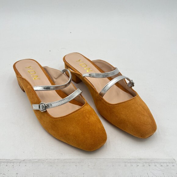 YDN Yellow Mules Suede Straps Buckle Square Toe Low Block Heels Sandals - Picture 4 of 8